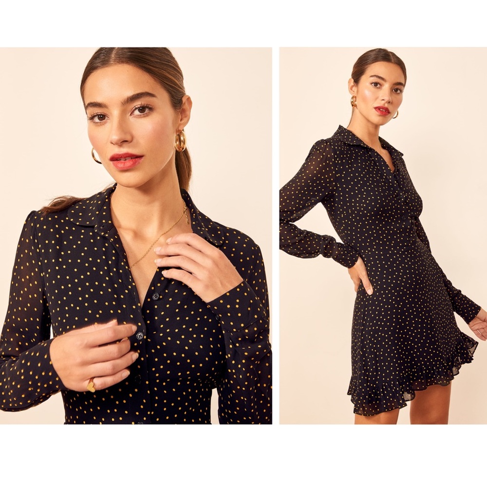 Reformation Lady Black Dot Mini Dress in Monti